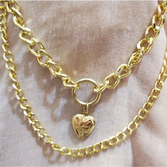 CHUNKY HEART❤ LOCKET DOUBLE CHAIN NECKLACE - Picture 9 of 16